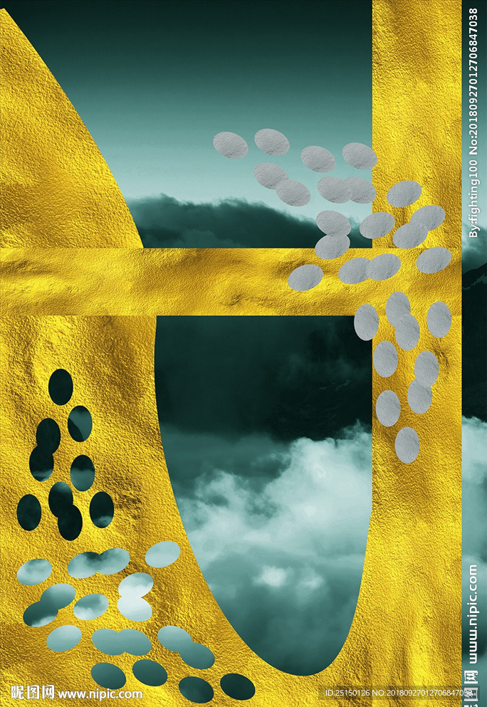 祖母绿金色抽象图案装饰画