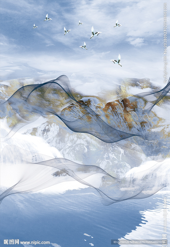 蓝色抽象山水线条装饰画