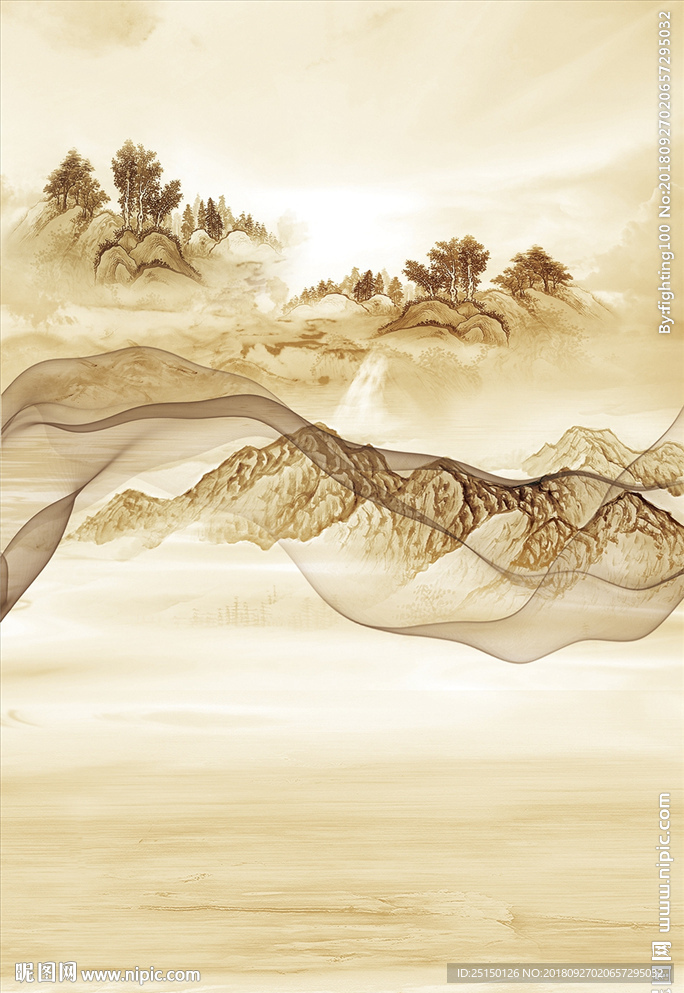 金色风景抽象艺术线条山水装饰画图片