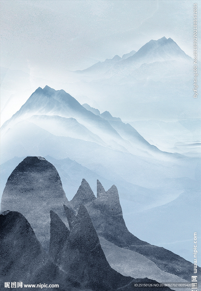 抽象蓝色云海山河装饰画