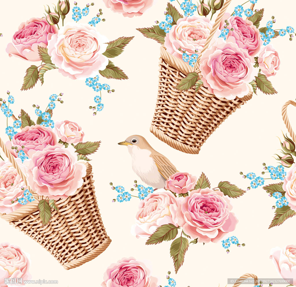 花篮花鸟矢量无缝图案