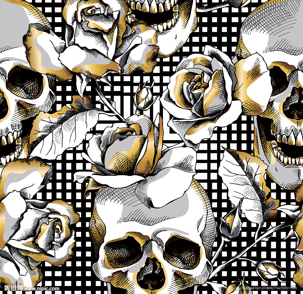 骷髅鲜花矢量无缝图案