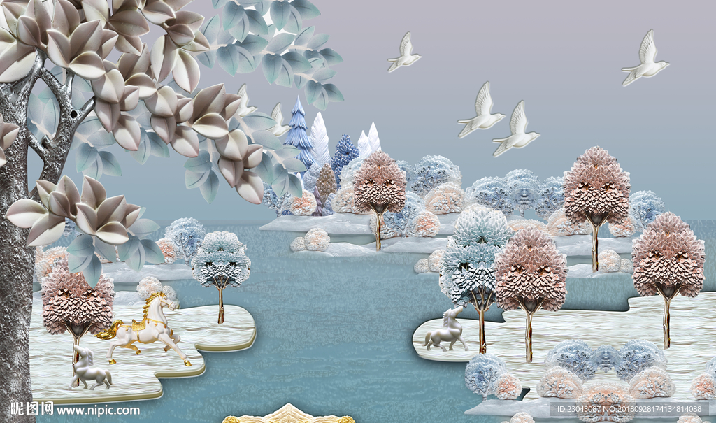 3D立体麋鹿发财树北欧简约浮雕