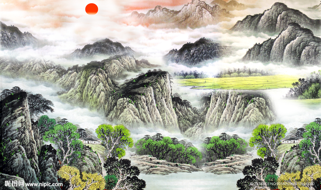 电视背景墙 国画山水