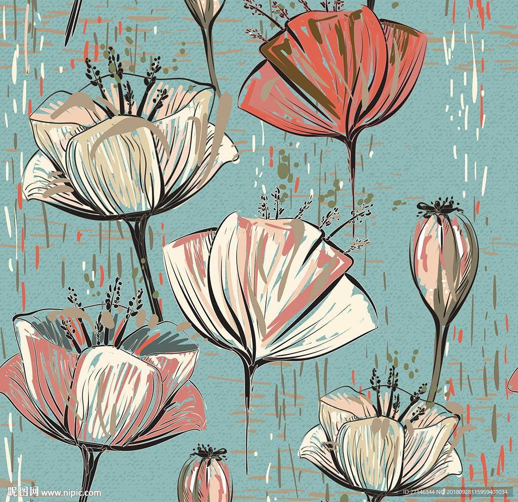 手绘鲜花无缝印花图案