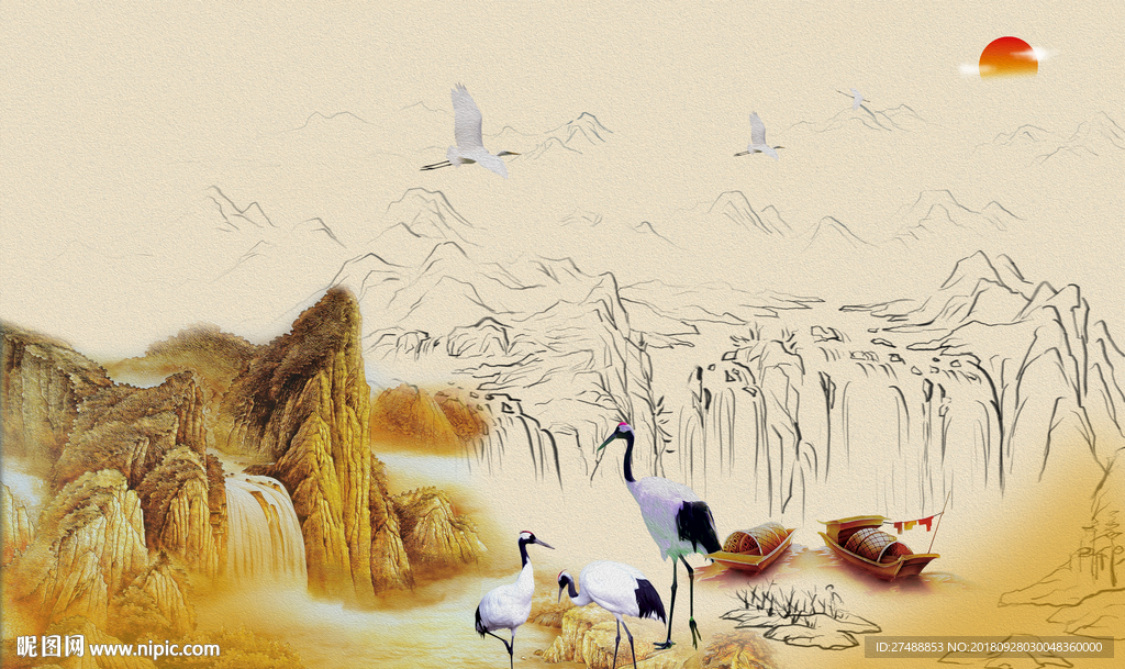 新中式水墨山水背景墙