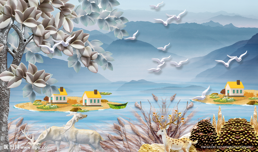 浮雕3D欧式发财树麋鹿背景墙