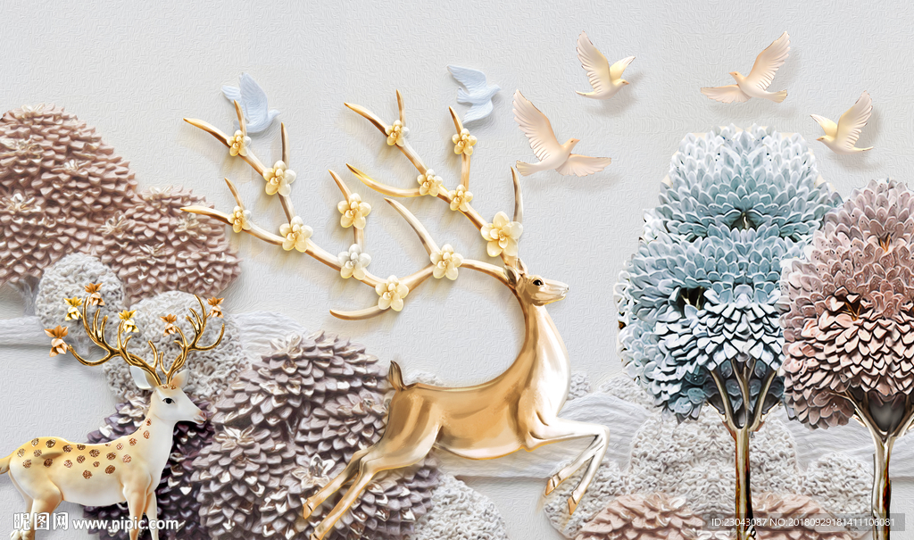 浮雕立体欧式发财树麋鹿背景墙