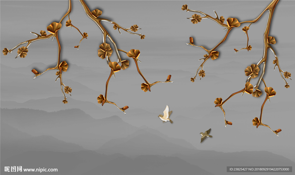 新中式手绘工笔花鸟电视背景墙