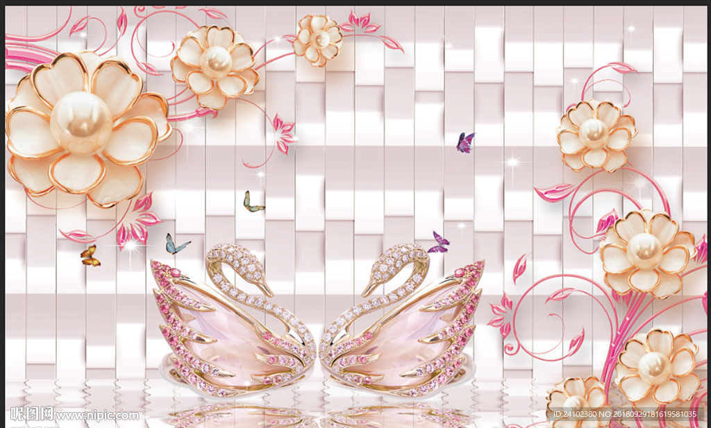 3D浮雕花卉天鹅珠宝浪漫背景