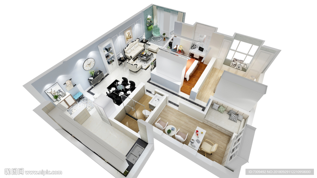 简欧装修风格三居室户型效果图