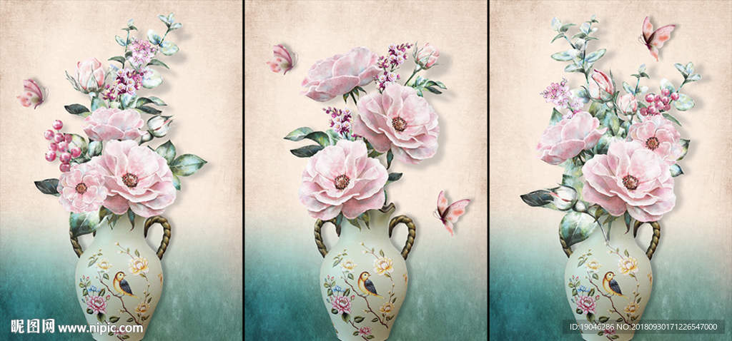 复古花卉花瓶三联画装饰画
