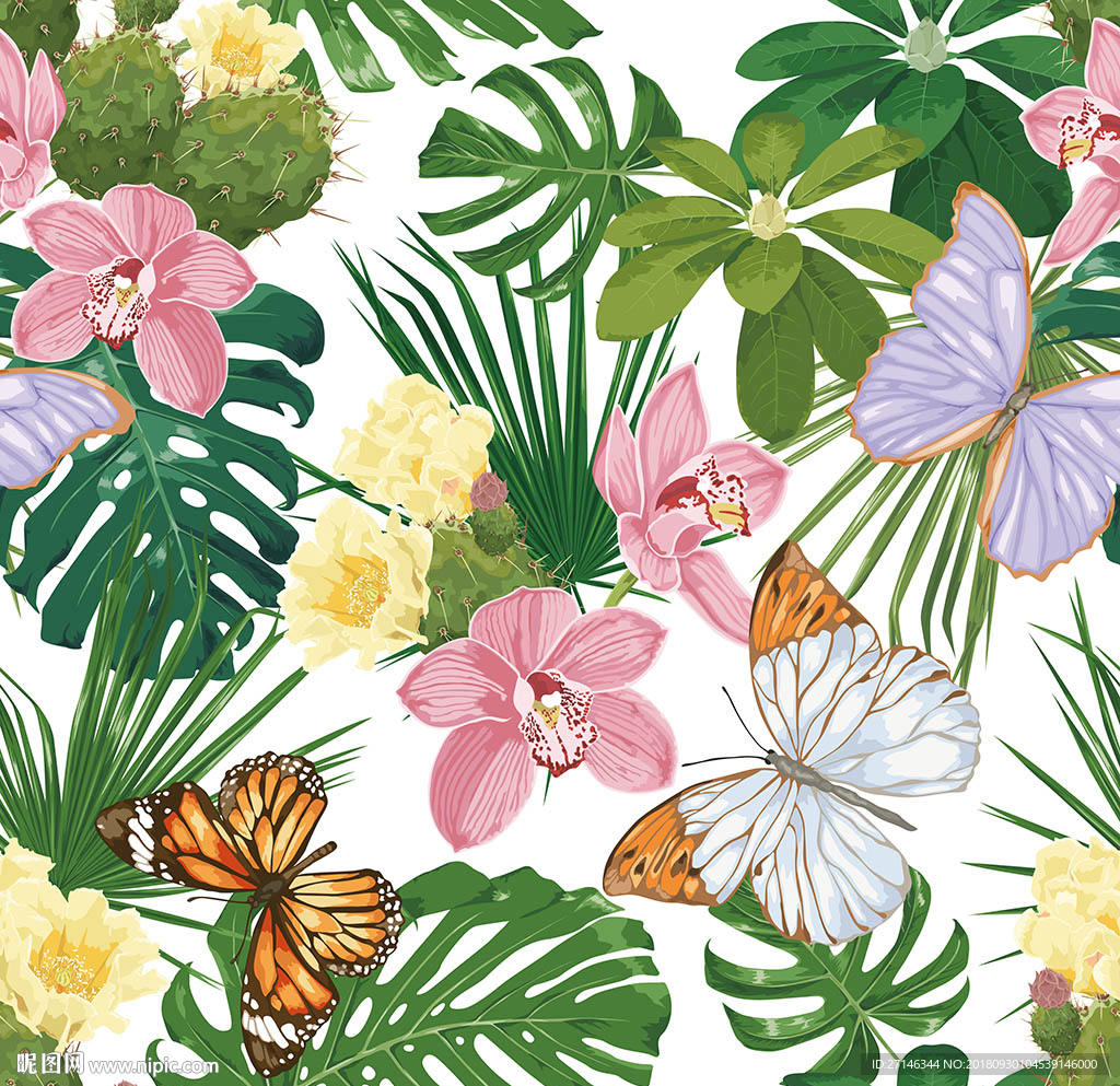 鲜花植物矢量无缝图案