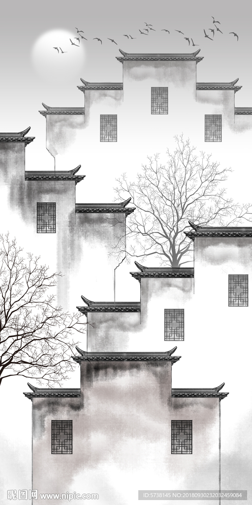 水墨江南徽派建筑水墨玄关屏风背