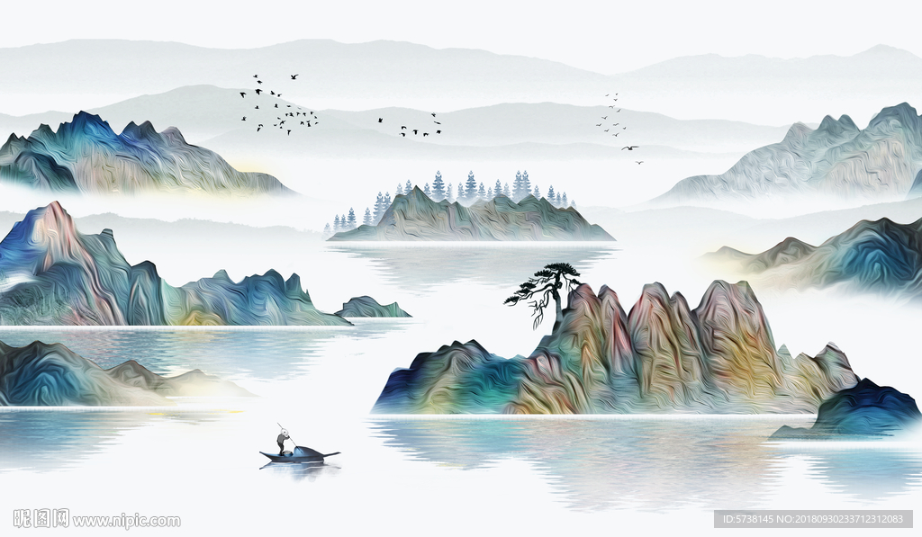 创意新中式水墨山水玄关屏风背景