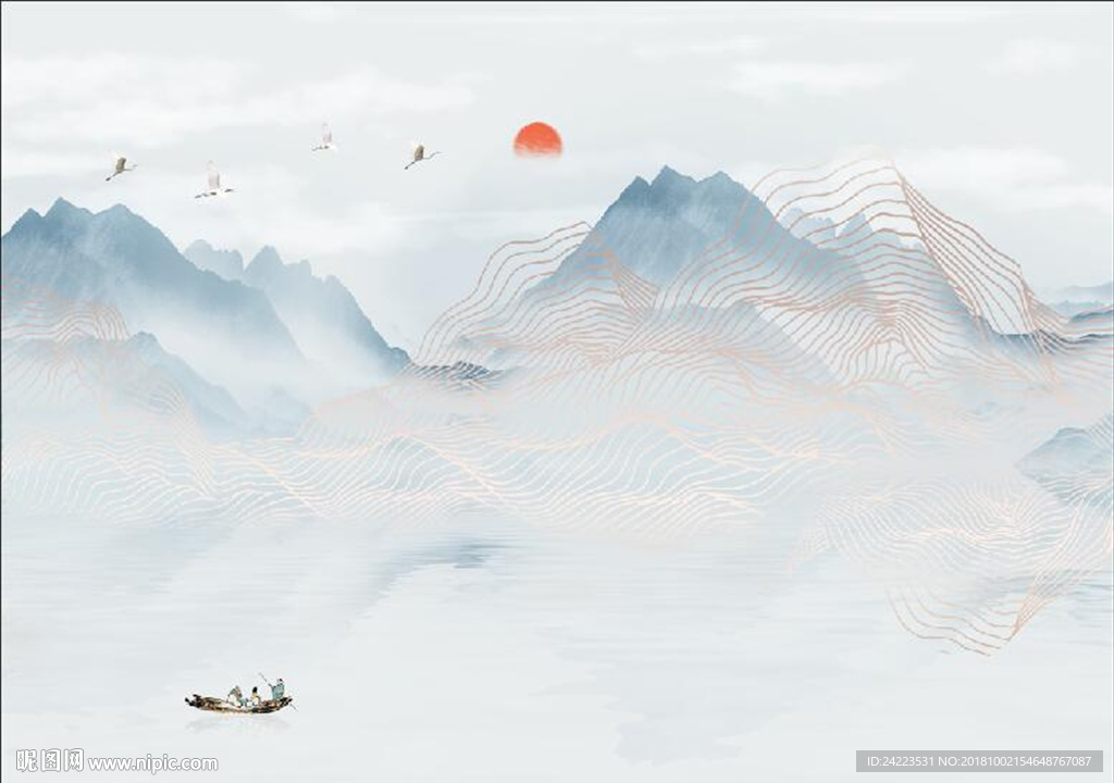 新中式水墨山水抽象线条背景墙