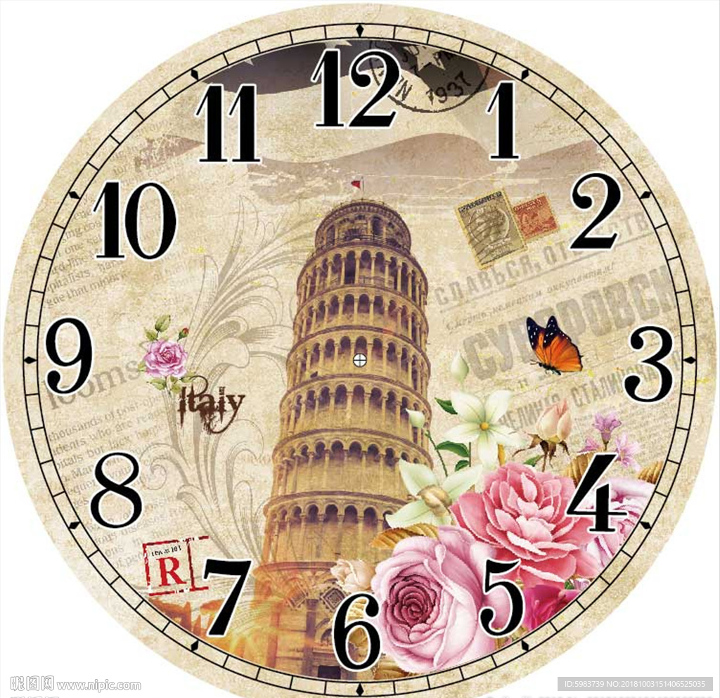 复古建筑比萨斜塔钟面