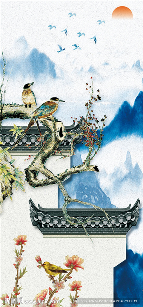 山水风景小鸟装饰画