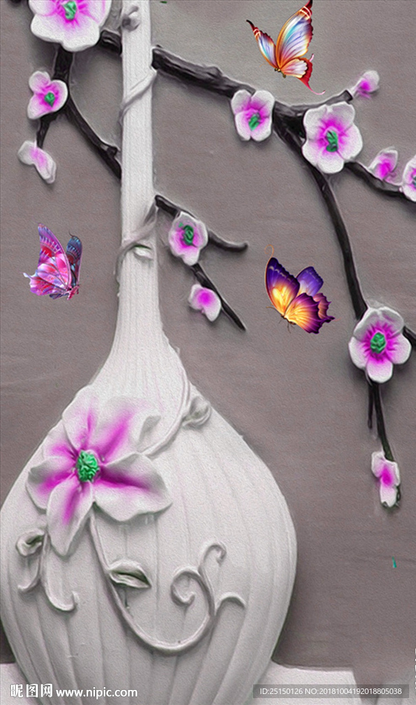 浮雕花瓶梅花蝴蝶装饰画