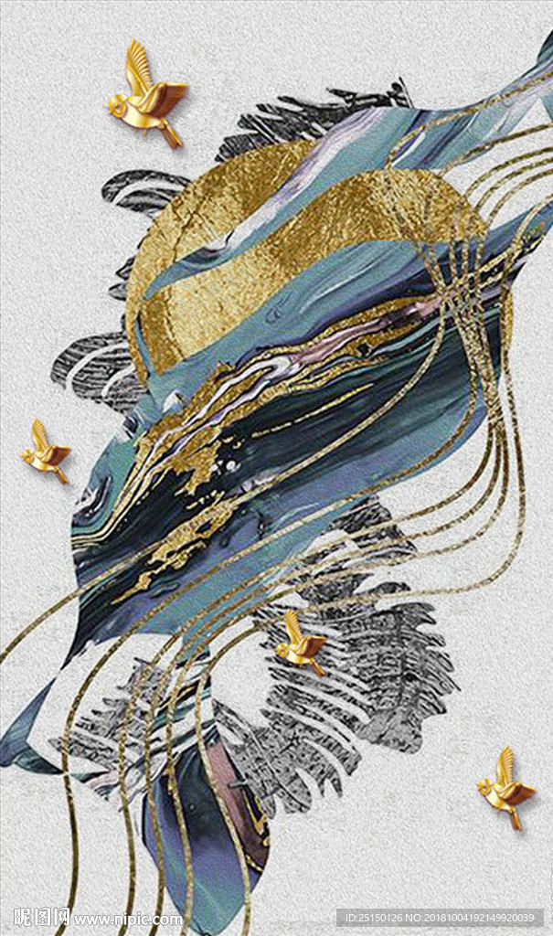 山水金色飞鸟线条画