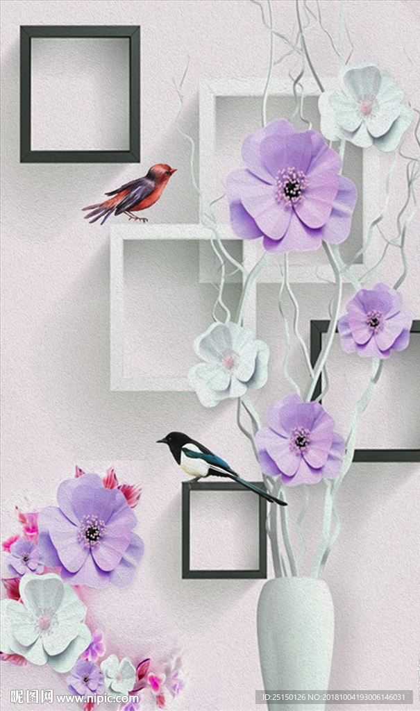 现代花瓶花卉鸟儿装饰画