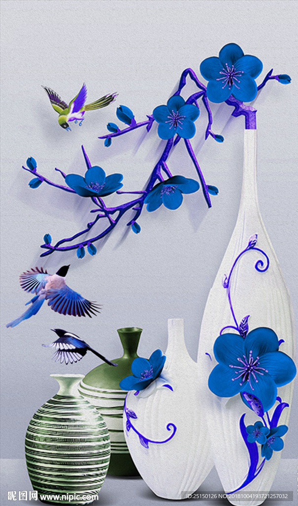 浮雕鸟儿花瓶梅花装饰画
