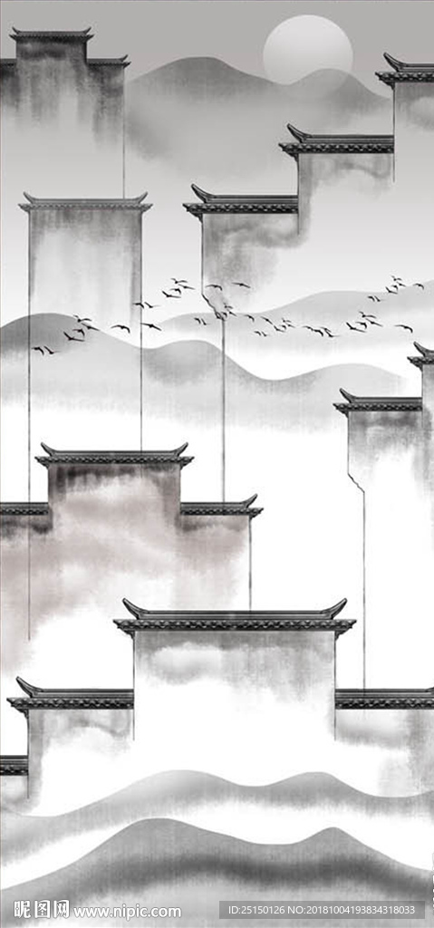 中式水墨徽派建筑山水画