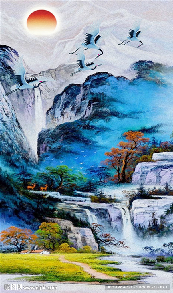 白鹤瀑布流水生财山水画装饰画