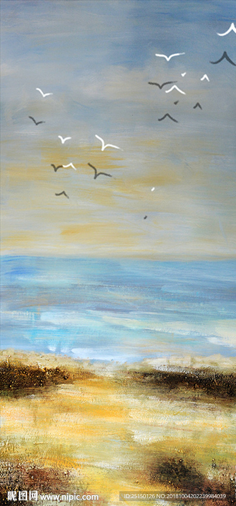 油画蓝色海洋飞鸟装饰画