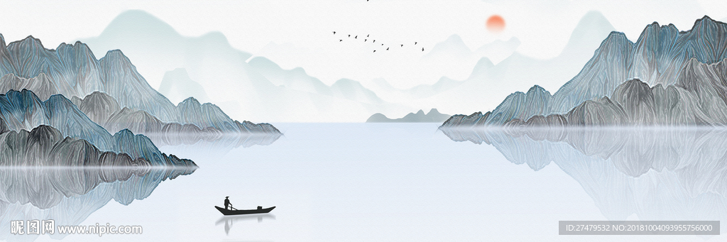 新中式中国风风景湖面抽象装饰画