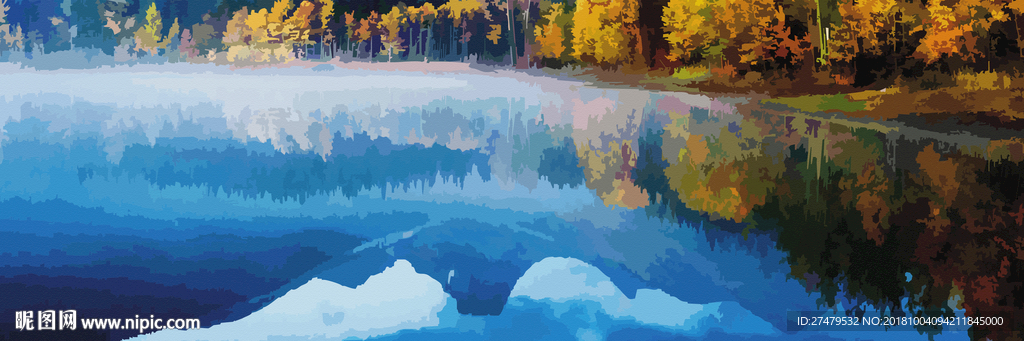 北欧油画风景湖面蓝色装饰画素材