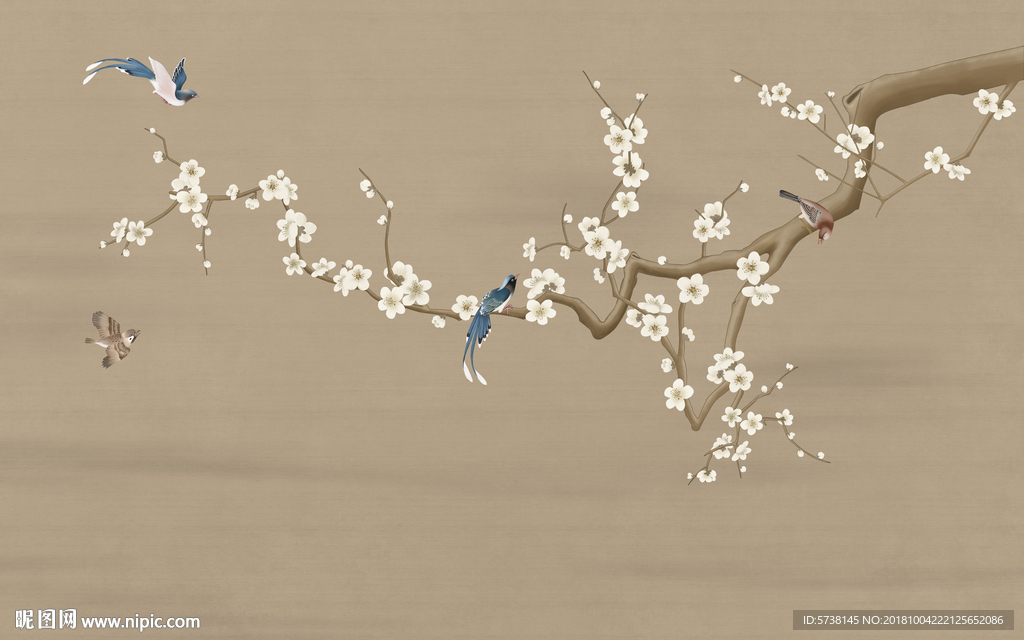 花鸟新中式手绘玄关屏风背景