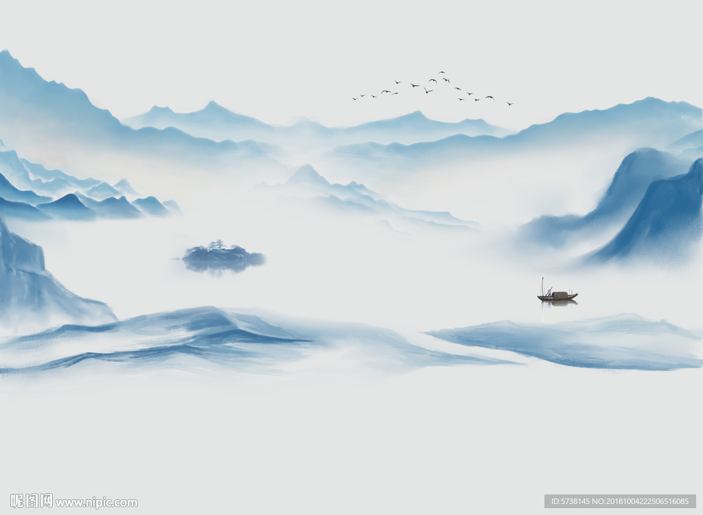 蓝色水墨山水新中式创意玄关屏风