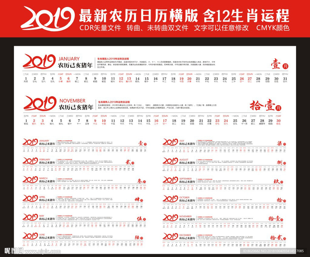 2019猪年台历日历横版