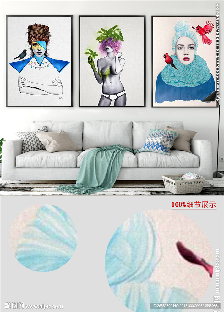 现代简约时尚手绘女郎植物装饰画