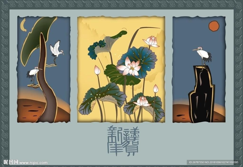 矢量古典荷花绘画