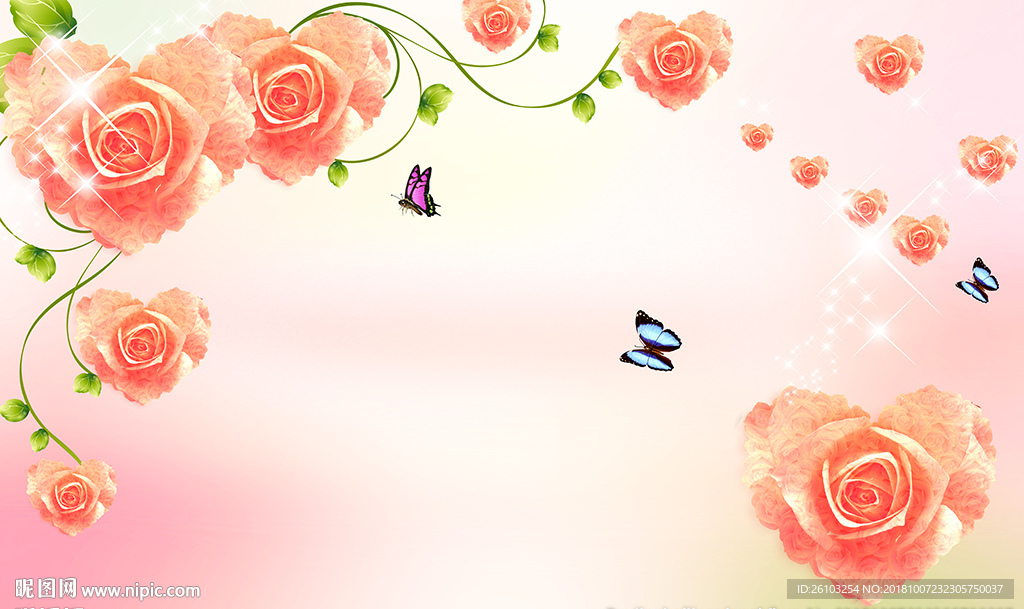 现代心形花卉蝴蝶电视背景墙