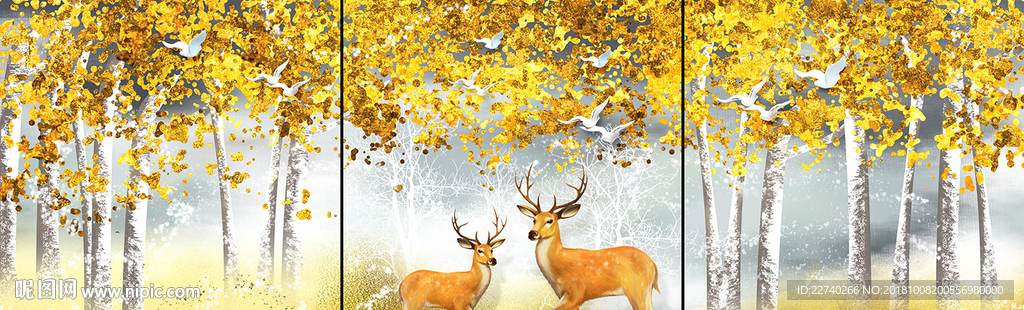 北欧麋鹿森林金色装饰画三联画