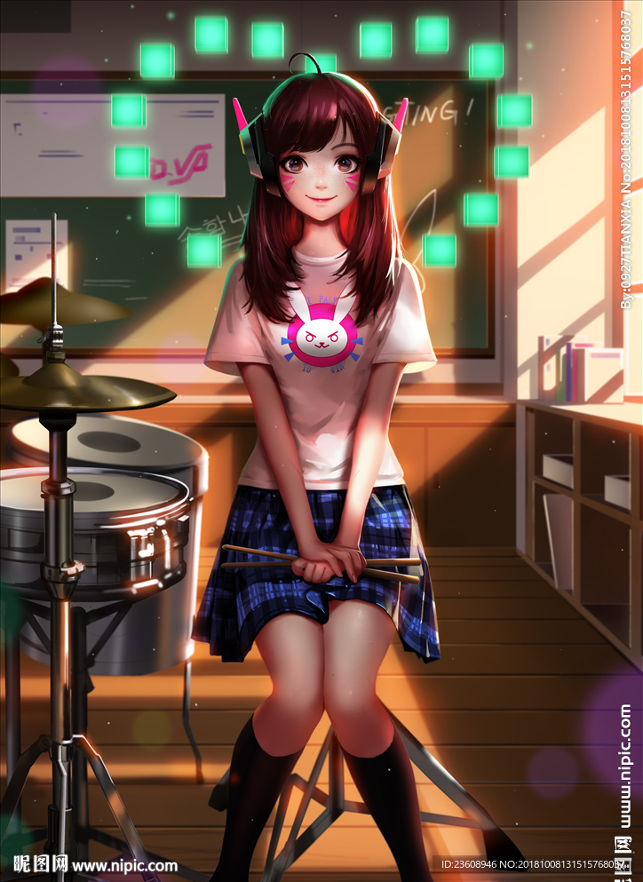 美女架子鼓插画