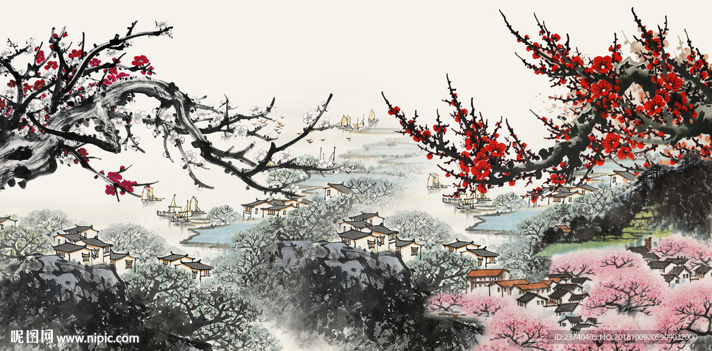 梅花背景墙国画