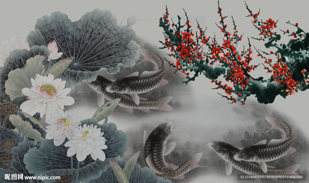 水墨荷花背景墙