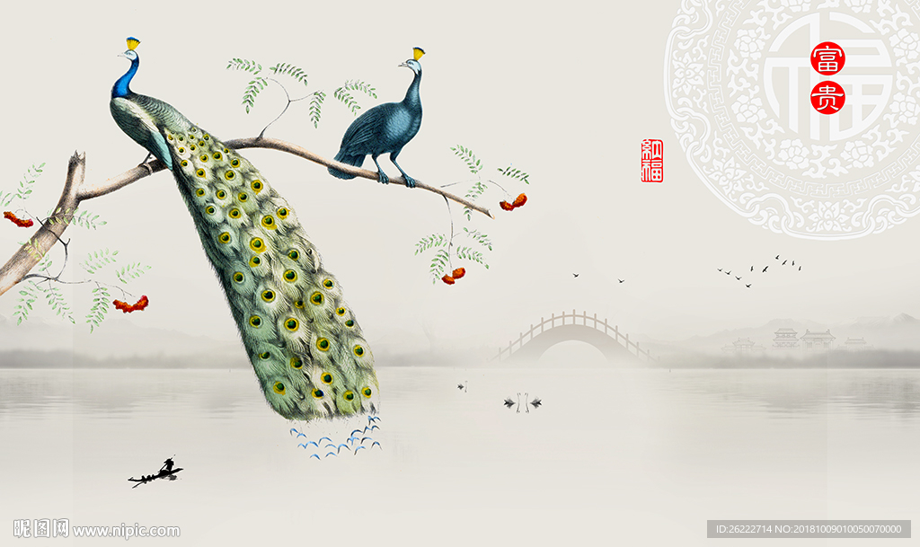 孔雀花鸟中国风背景墙