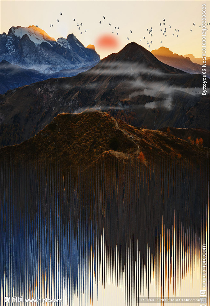 中式水彩水墨山峰抽象装饰画