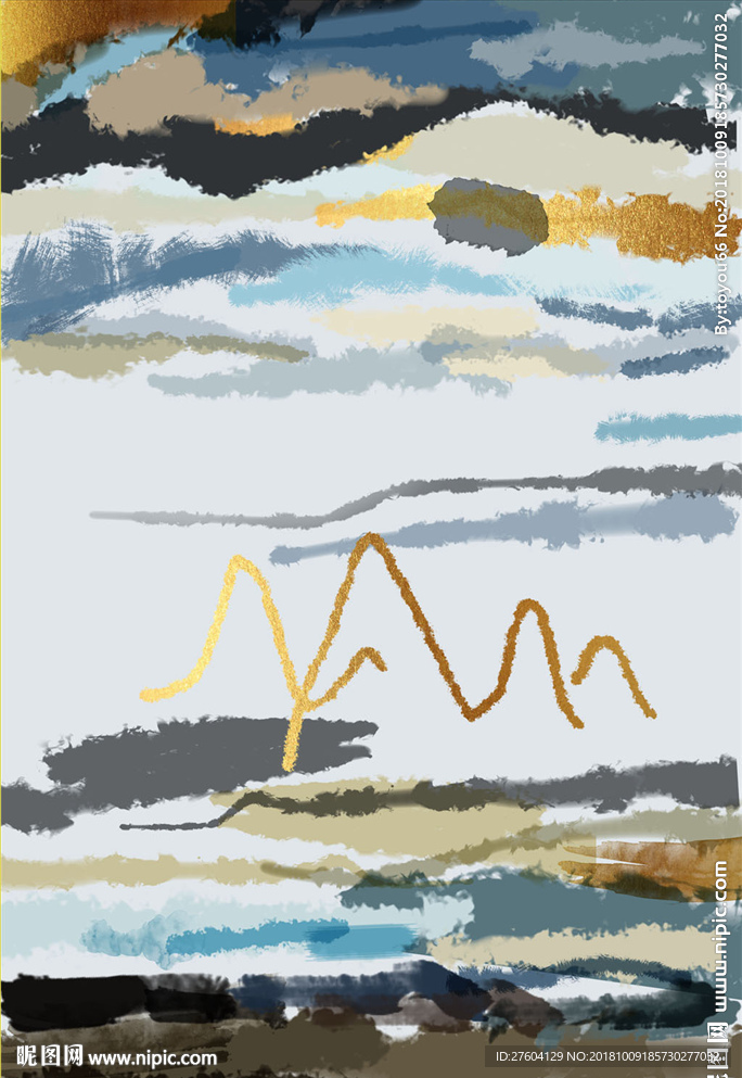 中式抽象水彩色块创意装饰画