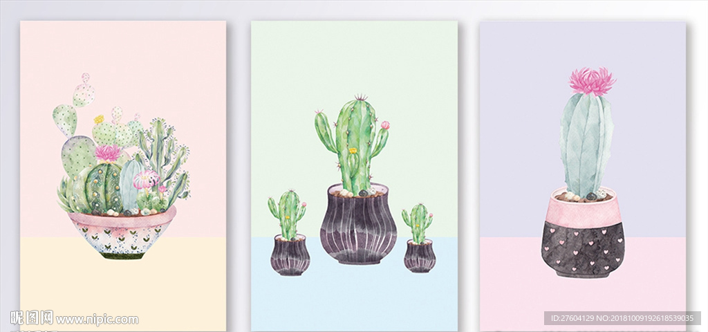 手绘多肉植物三联装饰画
