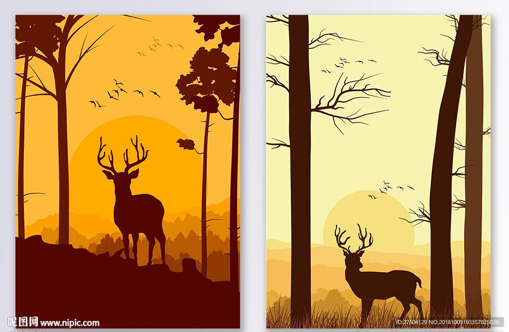 简约风景鹿剪影山水装饰画