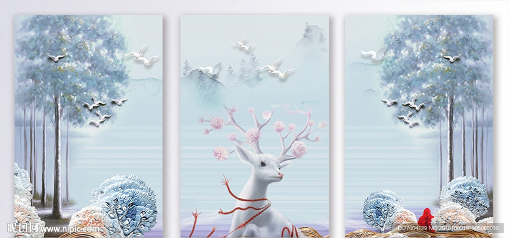 清新浮雕麋鹿三联画