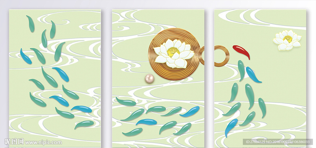 金属圆环玉莲群鱼装饰画