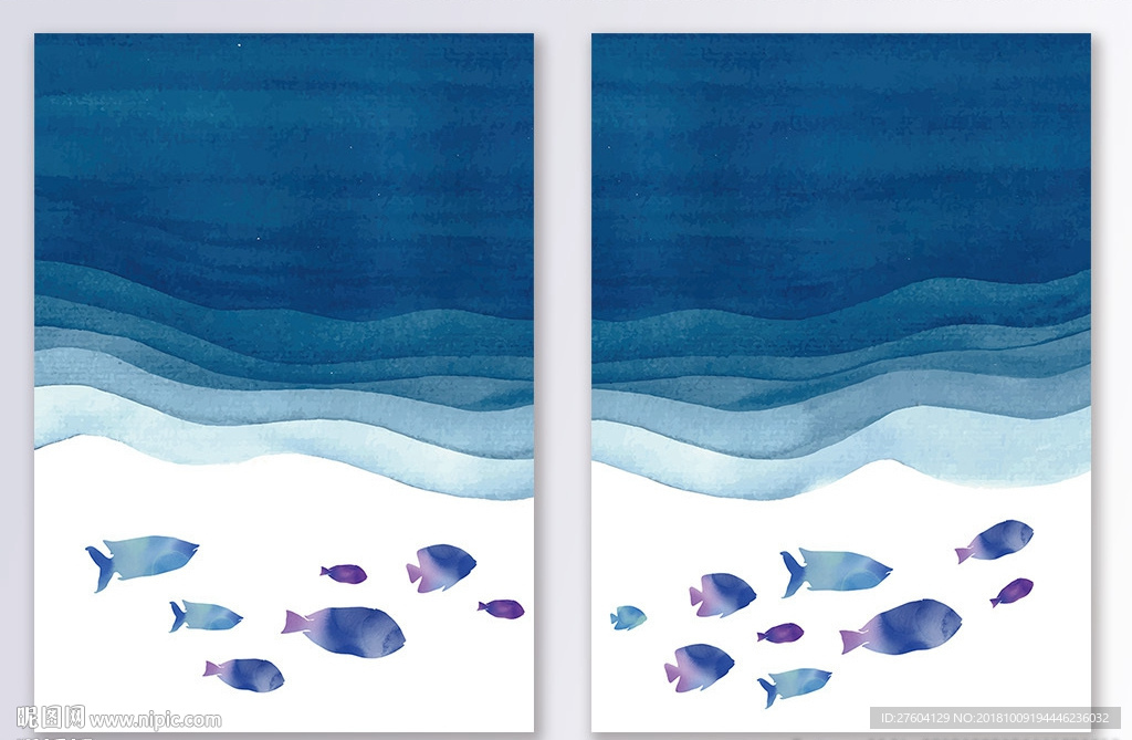 手绘蓝色海洋鱼群装饰画