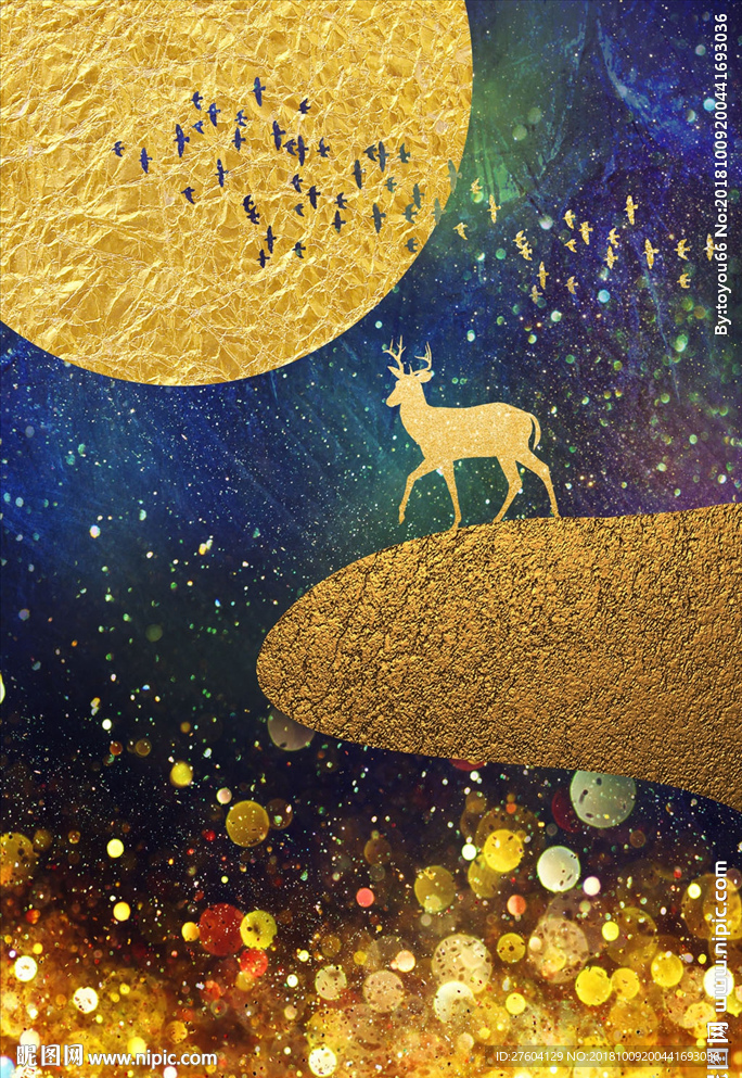 金色抽象鹿飞鸟装饰画图片